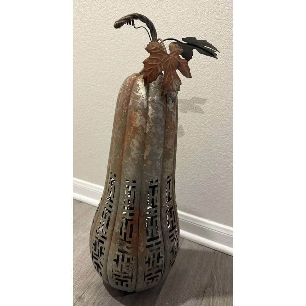VTG rustic Metal Pumkins Lantern Cut Work Patterns Let Light Go Through 24”H*8”L